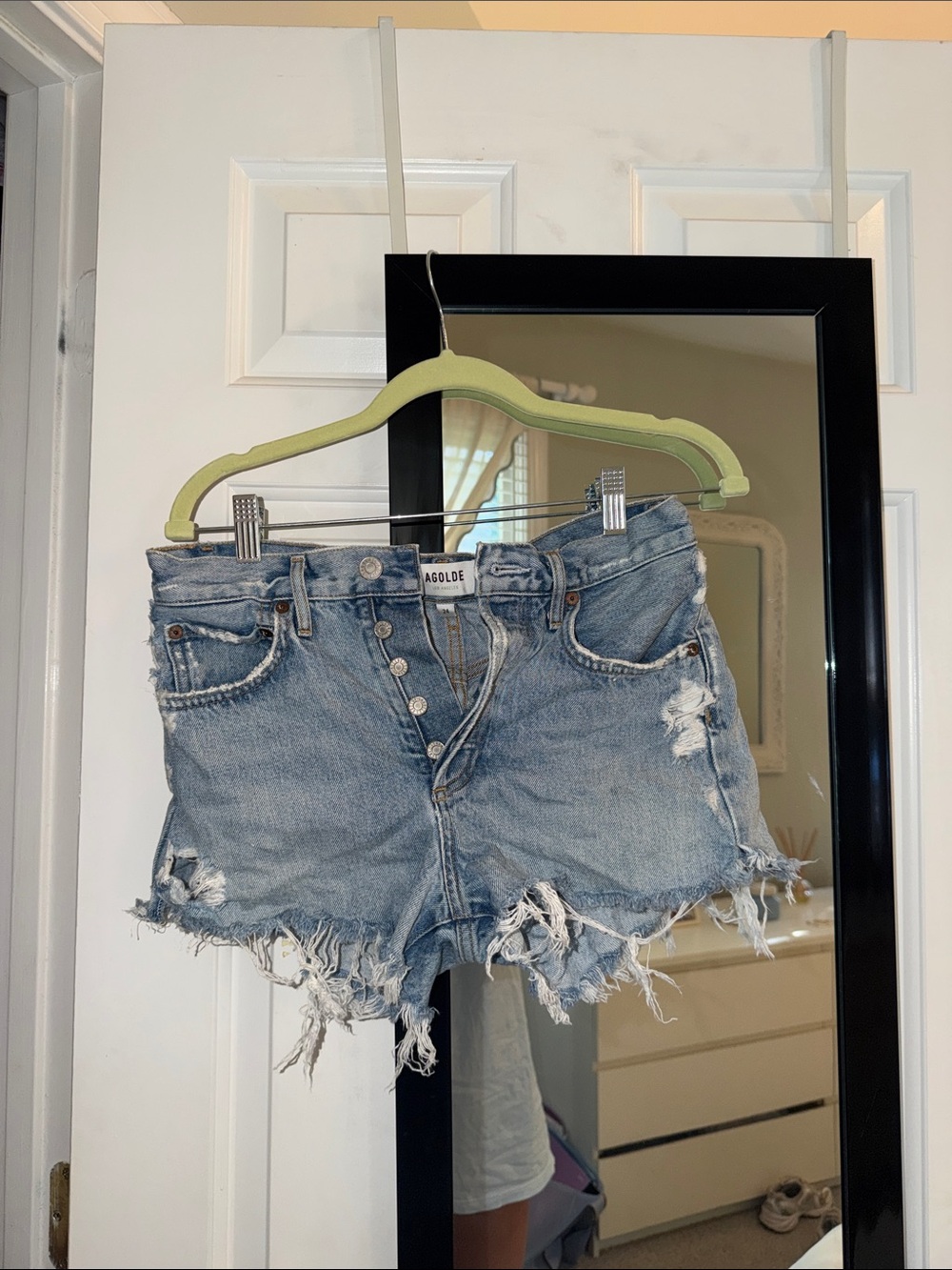 Agolde Light Blue Distressed High-Rise Denim Cutoff Shorts